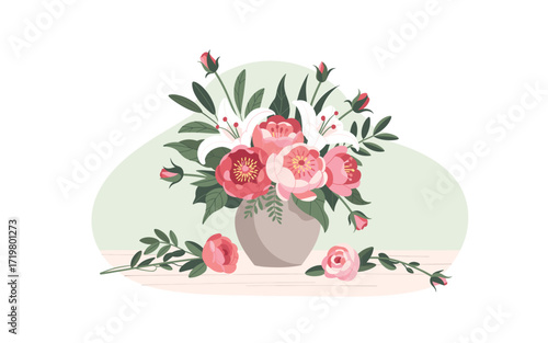 Elegant Flower Arrangement in Vase with Peonies, Lilies, and Roses - Vector Illustration for Greetings, Decor, and Celebrations, Floral Design