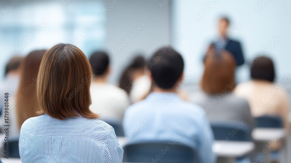 Fototapeta premium Professional audience engaged in a conference presentation inside a modern meeting room with a speaker addressing the group in soft focus background