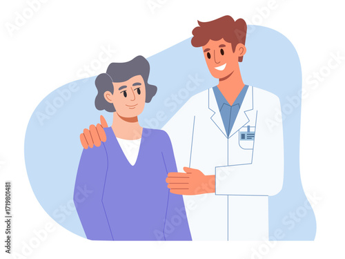 Medical care concept. Young doctor take care of old lady. Elderly people support. Vector illustration.