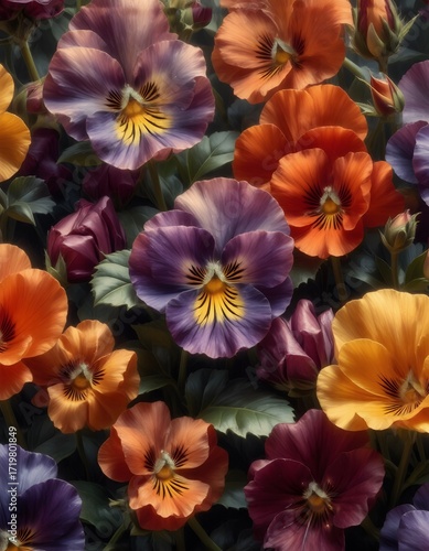 Wallpaper Mural Seamless pattern illustration of colorful Pansy flowers with vivid coral tones, sparkling light, Subject at top with ample copy space below, high resolution, designed for fabric or wallpaper printing. Torontodigital.ca