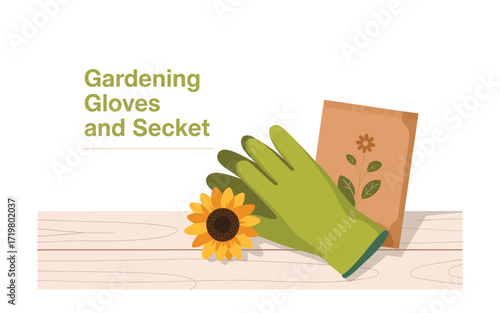 Gardening Essentials: Gloves, Sunflower, and Seeds Illustration for Gardening and Floral Themes on Wooden Table for Commercial and Personal Projects