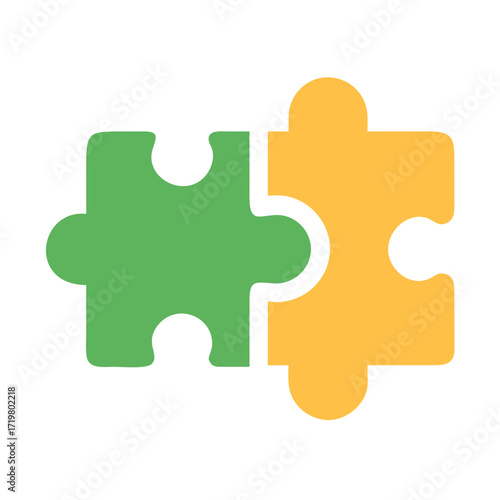 Vector art of two puzzle pieces, one green and one yellow, fitting together