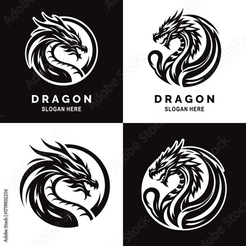 Dragon emblem with a black dragon encircled by a dark ring shape symbolizing power and mystery, suitable for logos and branding.