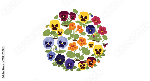 Circular Arrangement of Colorful Pansies and Nasturtiums: A Bright and Cheerful Floral Design for Spring, Summer, or Garden-Themed Projects and Creative Designs