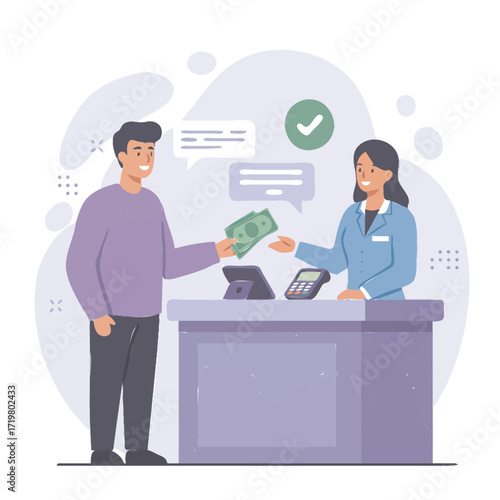 A smiling man hands money to a smiling woman at a bank counter, symbolizing a financial transaction.