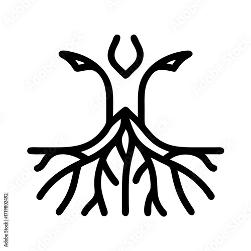 Vector art of stylized black and white line art illustration of a tree with prominent roots, isolated on a