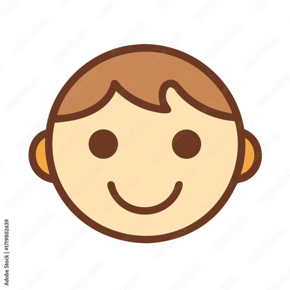 Fototapeta premium Vector art of simple cartoon illustration of a babys face with brown hair, brown eyes, and a smiling mouth