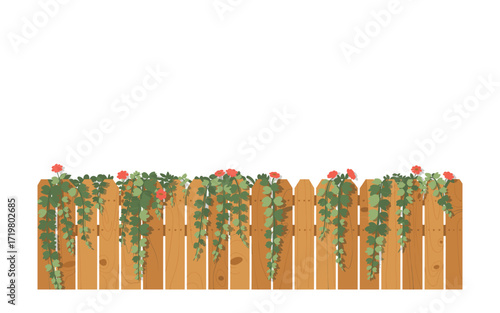 Charming Wooden Fence with Vibrant Flowers and Lush Green Vines - Garden Border Illustration with Empty Space for Text, Nature Scene, Countryside.