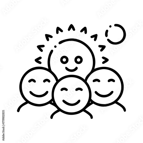 Vector art of happy group of people with a sun icon, representing joy, community, and positivity