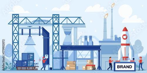 Factory industrial scene with rocket launch and brand building concept illustration
