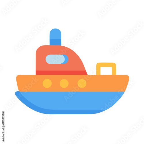 Vector art of a colorful, cartoonstyle illustration of a toy boat with an orange hull, blue bottom, and red cabin, isolated on a