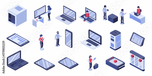 Isometric digital technology devices and people in a clean flat design style