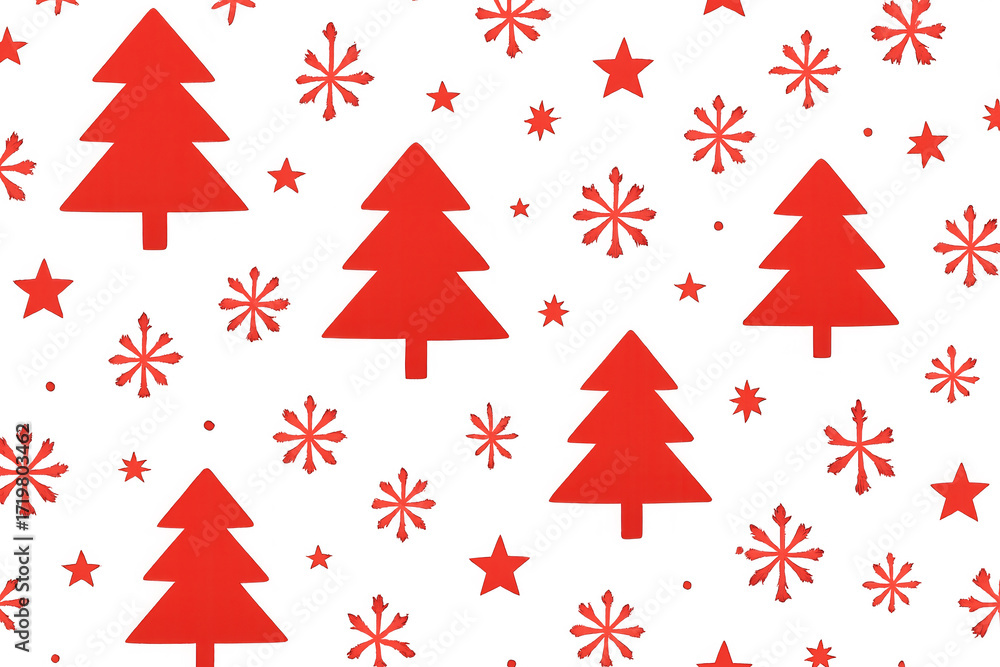 Fototapeta premium Red christmas tree, snowflake, and star seamless pattern on transparent background, holiday season repeating design