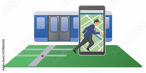 Businessman running towards a train station using a navigation app on his smartphone