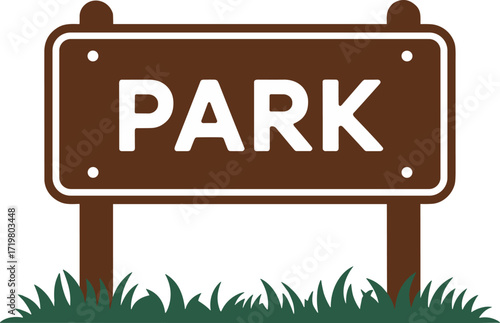 Brown park entrance sign with white text and green grass below