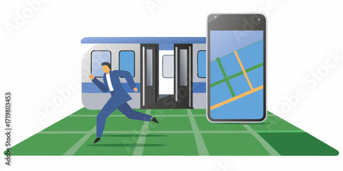 Man in suit running towards open train doors with navigation app on smartphone