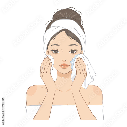 A young woman with her hair tied up in a towel, gently cleansing her face with cotton pads.