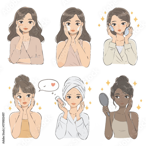 A collection of six diverse women performing various skincare routines, showcasing self-care and beauty practices.