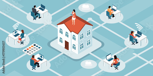 Isometric illustration of people working remotely from home connected by a network grid