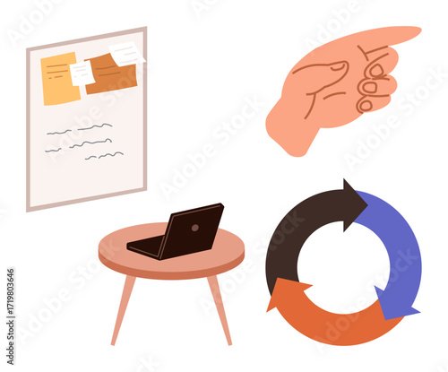 Notes on board, pointing hand, laptop on table, and circular arrows cycle. Ideal for organization, planning, communication, teamwork workflow collaboration productivity. Simple flat metaphor