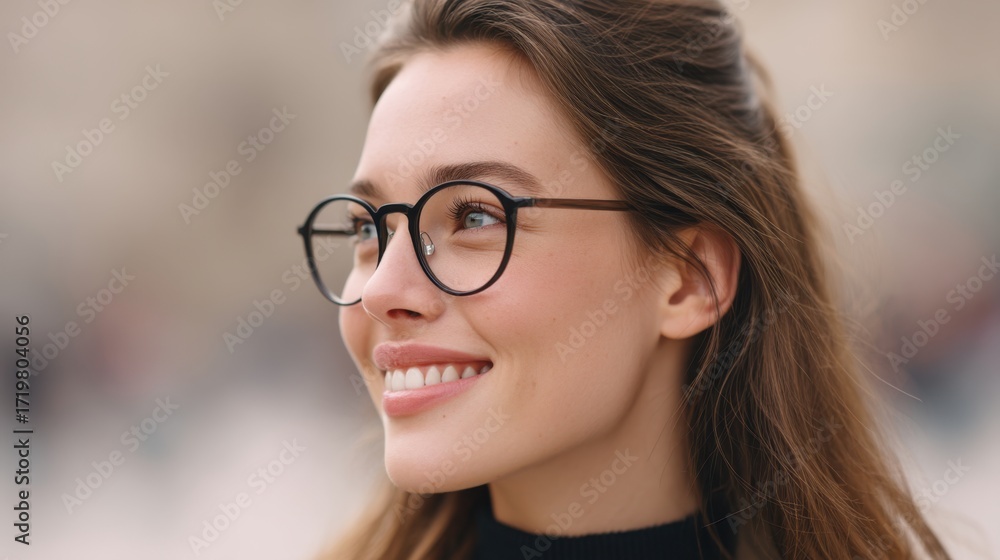 Fototapeta premium Young woman with glasses smiling outdoors, enjoying a sunny day, happy expression, casual outfit, close-up portrait, natural beauty, serene atmosphere