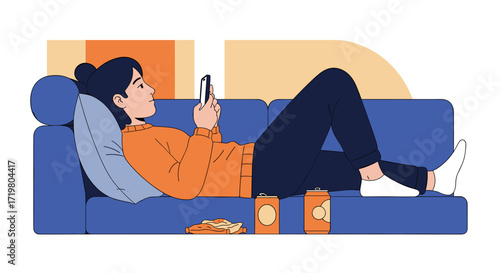 A person relaxing on a couch with snacks and a phone