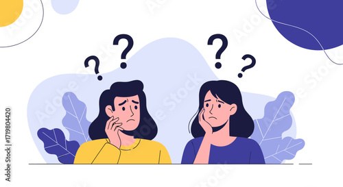 Two worried women with question marks above their heads expressing confusion and doubt.