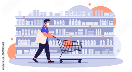 A person in a mask pushes a shopping cart down an aisle filled with shelves of products.