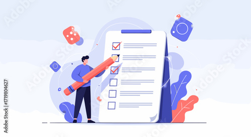 A man is checking off items on a large checklist with a pencil, surrounded by abstract shapes and dice. This visual represents task completion and organization.