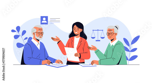 Elderly couple discussing legal matters with a professional advisor.