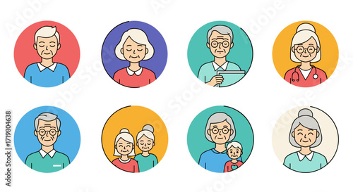 Collection of stylized portraits representing diverse senior individuals and couples.