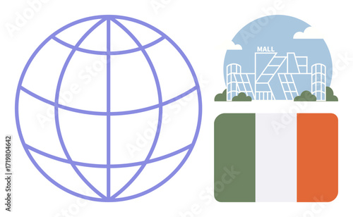 Globe with grid lines, Irish flag, modern shopping mall surrounded by greenery. Ideal for global business, geography, shopping, cultural identity, travel economy globalization. Simple flat metaphor