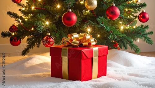 Red Gift Box Under Decorated Christmas Tree