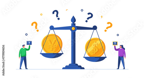 Comparing the value of different currencies on a balanced scale representing economic decisions.
