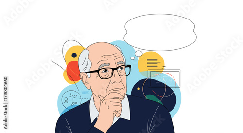 An elderly man in glasses ponders with a thought bubble above his head as colorful shapes float around him.