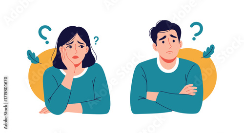 A worried man and woman stand with their arms crossed and question marks above their heads.