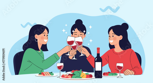 Friends enjoying a celebratory dinner with wine and food.