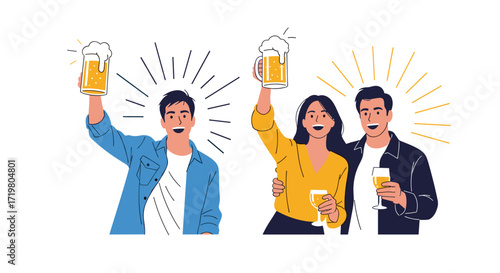 Joyful people clinking glasses of beer and celebrating outdoors in a lively atmosphere.