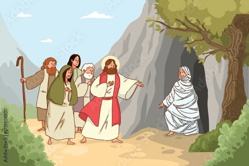 An Illustrated Scene Depicting Jesus as He Raises Lazarus Back to Life from the Dead