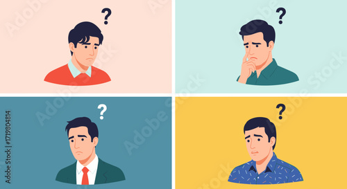 Four men show confused facial expressions with question marks floating above their heads.
