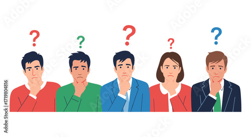 A group of diverse individuals pondering questions with uncertainty marked by question marks above their heads.