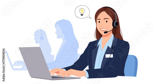 Customer service representative with a headset and laptop develops a brilliant idea for problem resolution.