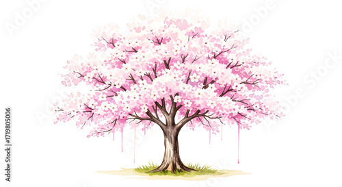 Vibrant illustration of a cherry blossom tree in full bloom, showcasing delicate pink petals and lush foliage, symbolizing spring, renewal, and natural beauty