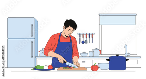 A man is preparing food in a kitchen, chopping vegetables on a cutting board with a knife.