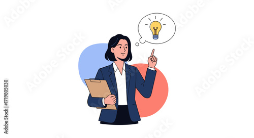A woman holding a clipboard and having a bright idea symbolizing innovation and creativity.