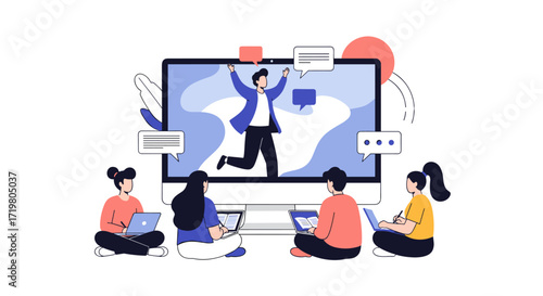 People watching a successful presenter celebrating on a large computer screen.