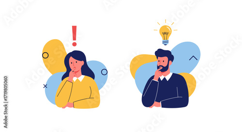 A woman with an exclamation mark above her head and a man with a lightbulb above his head contemplating ideas.
