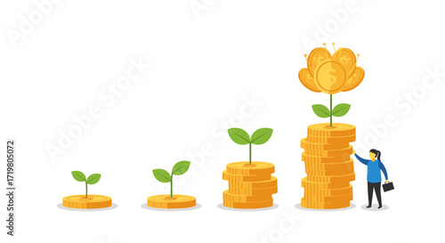 Visual representation of financial growth through stacked coins and sprouting plants signifying investment.