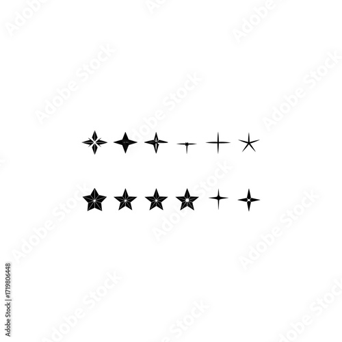 Abstract geometric star shapes collection. Vector set of different brutal minimalistic black design elements.