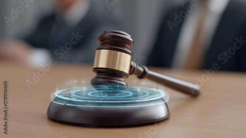 Digital representation of a law gavel resting on a holographic platform in a courtroom setting, symbolizing justice and legal technology integration